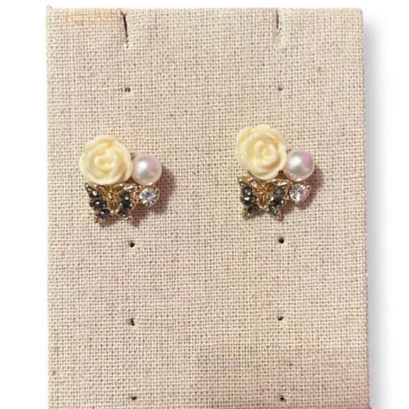 NEW Pearl Blue Rhinestone Butterfly Flower Stud Earrings - Picture 1 of 1